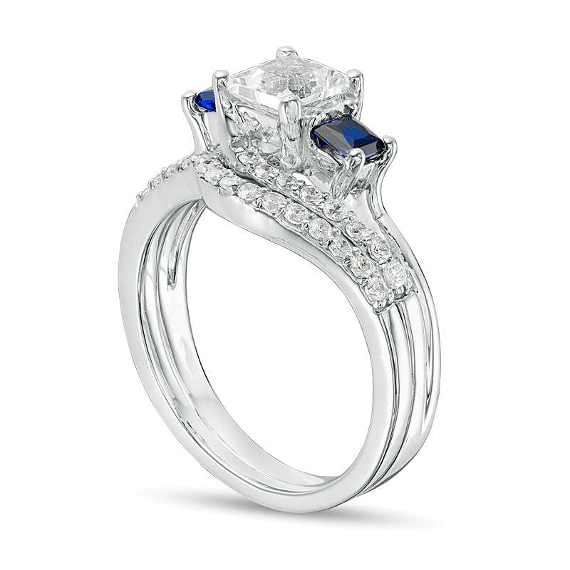 Princess-Cut Lab-Created Blue and White Sapphire with 0.38 CT. TW Diamond Three Stone Bridal Set in Sterling Silver