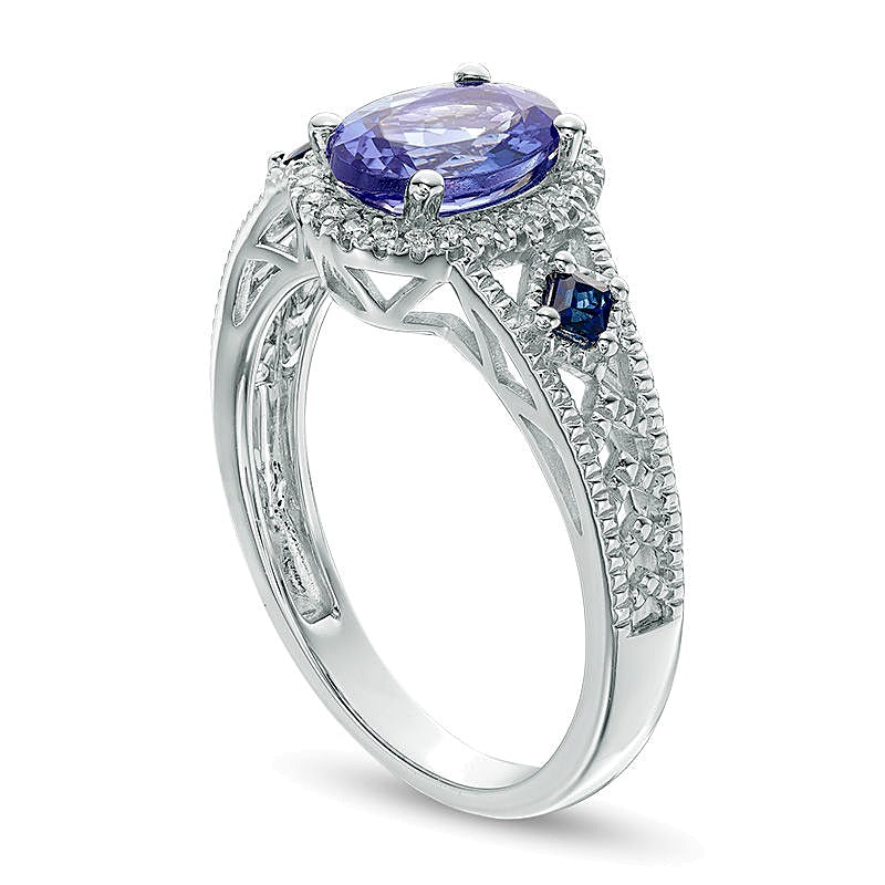 Oval Tanzanite, Blue Sapphire and Diamond Accent Vintage-Style Ring in 14K White Gold
