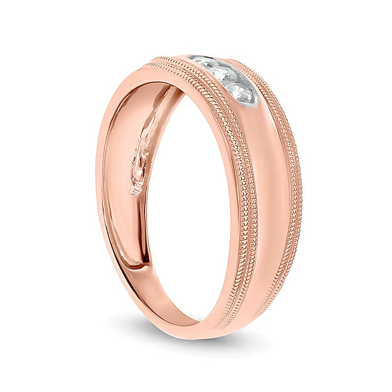 0.2 CT. TW Diamond Three Stone Milgrain Wedding Band in 10K Rose Gold
