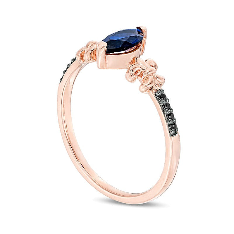 Marquise Lab-Created Blue Sapphire and 0.05 CT. TW Black Diamond Fleur-de-Lis Promise Ring in 10K Rose Gold