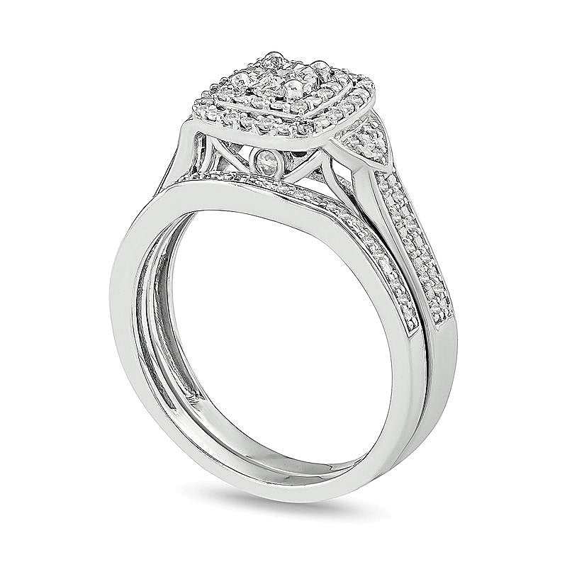 0.33 CT. TW Diamond Double Square Frame Tri-Sides Bridal Set in Sterling Silver