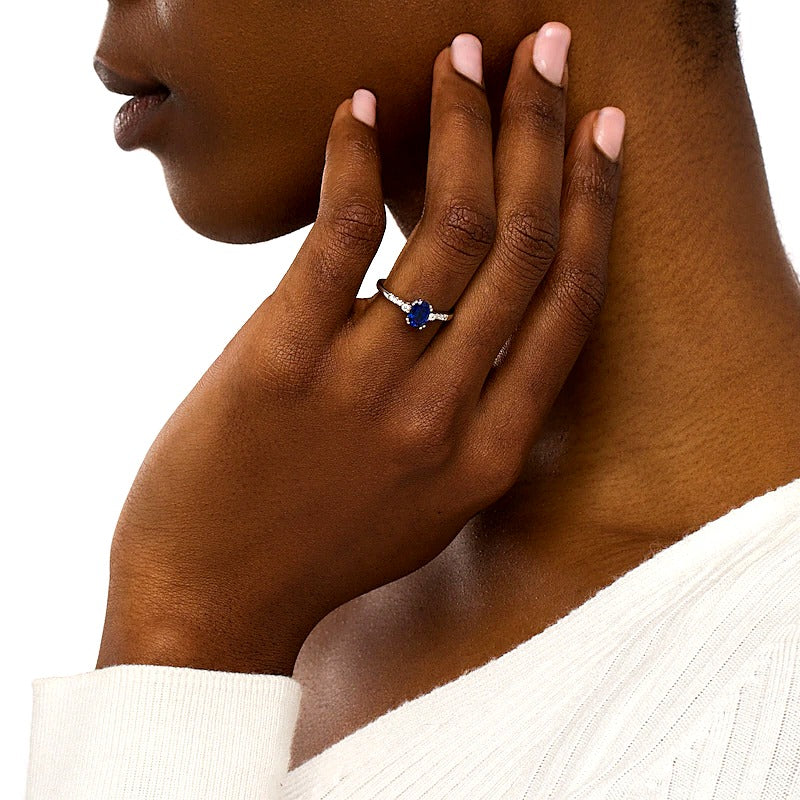 Oval Blue Lab-Created Sapphire and 0.1 CT. TW Diamond Ring in 10K White Gold