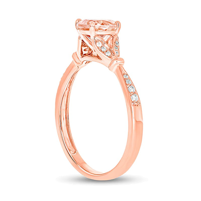 Oval Morganite and 0.07 CT. TW Diamond Collar Wrapped Leaf-Sides Split Shank Engagement Ring in 10K Rose Gold