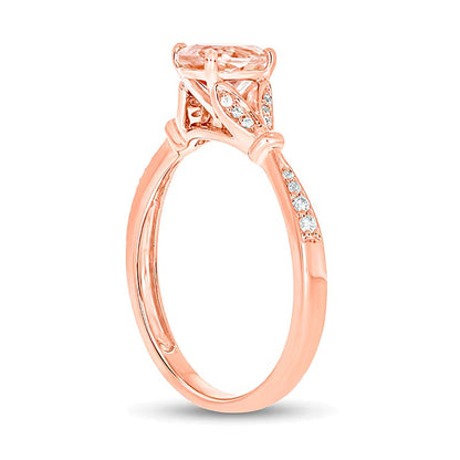 Oval Morganite and 0.07 CT. TW Diamond Collar Wrapped Leaf-Sides Split Shank Engagement Ring in 10K Rose Gold