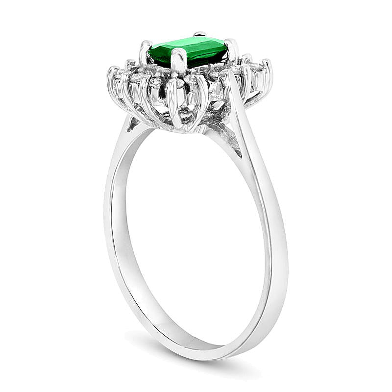 Emerald-Cut Emerald and 0.13 CT. TW Diamond Starburst Frame Ring in 14K White Gold
