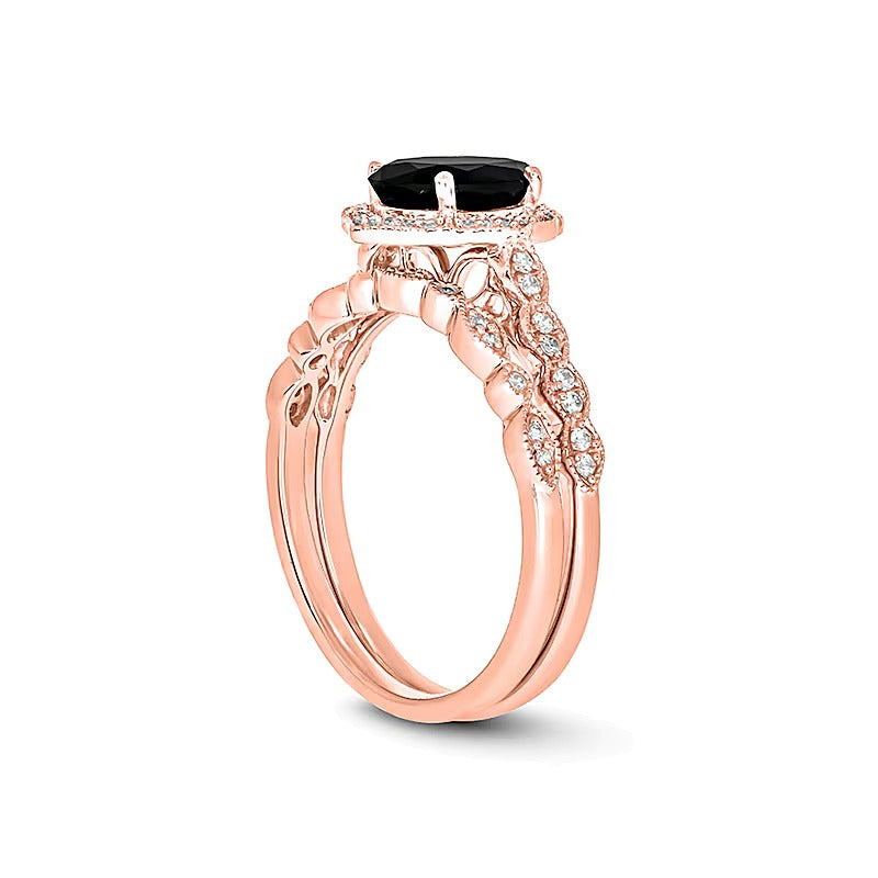 Oval Black Sapphire and 0.2 CT. TW Diamond Quatrefoil Frame Art Deco Vintage-Style Bridal Set in 10K Rose Gold