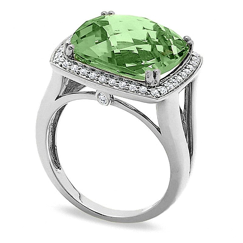 Cushion-Cut Green Quartz Ring in Sterling Silver with Diamond Accents