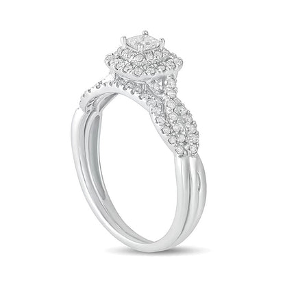 0.5 CT. TW Princess-Cut Diamond Double Cushion-Shaped Frame Multi-Row Bridal Set in 10K White Gold