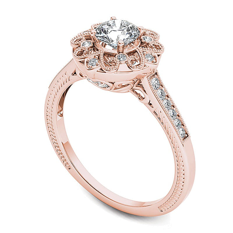 0.63 CT. TW Diamond Flower Frame Vintage-Style Engagement Ring in 14K Rose Gold