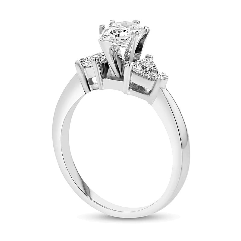 1.5 CT. TW Pear-Shaped and Trillion-Cut Diamond Three Stone Tapered Shank Engagement Ring in 14K White Gold (I/SI2)