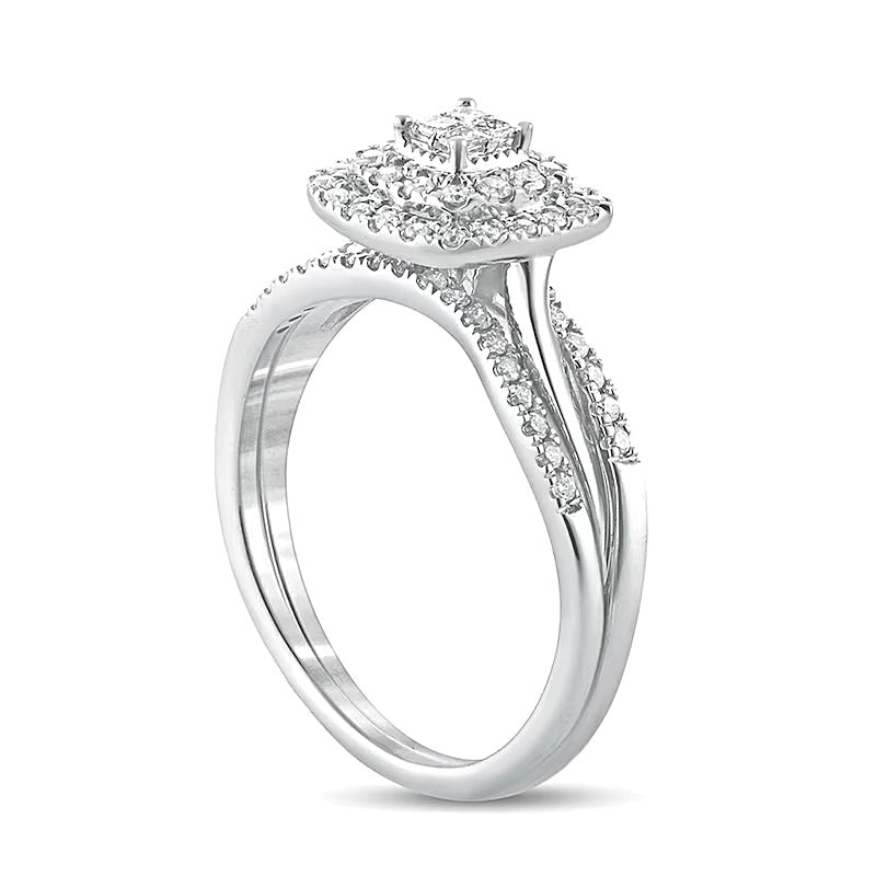 0.38 CT. TW Princess-Cut Quad Diamond Cushion Frame Bridal Set in 10K White Gold