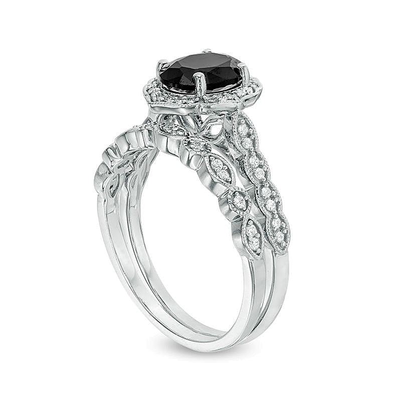 Oval Black Sapphire and 0.2 CT. TW Diamond Quatrefoil Frame Vintage-Style Bridal Set in 10K White Gold