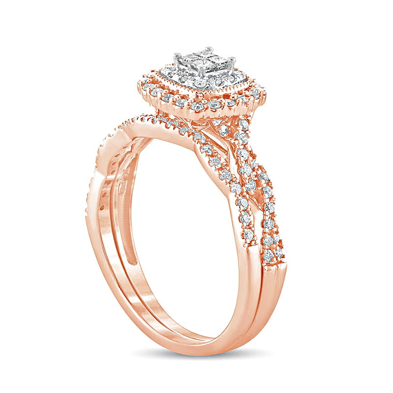 0.5 CT. TW Princess-Cut Quad Diamond Frame Twist Shank Bridal Set in 10K Rose Gold