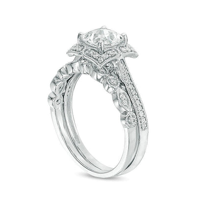 Cushion-Cut Lab-Created White Sapphire and 0.25 CT. TW Diamond Petal Frame Vintage-Style Bridal Set in Sterling Silver