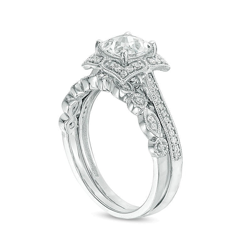 Cushion-Cut Lab-Created White Sapphire and 0.25 CT. TW Diamond Petal Frame Vintage-Style Bridal Set in Sterling Silver