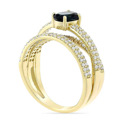 Oval Blue Sapphire and 0.63 CT. TW Diamond Double Row Crossover Orbit Ring in 10K Gold