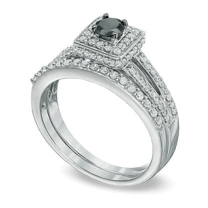 0.5 CT. TW Enhanced Black and White Diamond Square Frame Split Shank Bridal Set in Sterling Silver