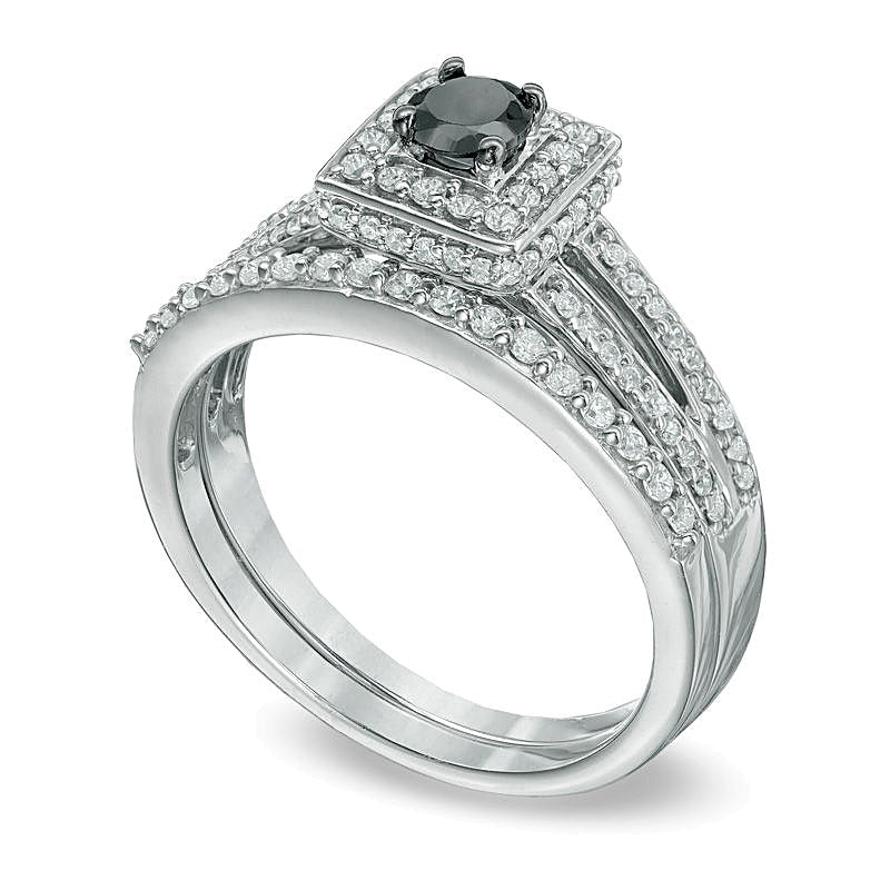 0.5 CT. TW Enhanced Black and White Diamond Square Frame Split Shank Bridal Set in Sterling Silver