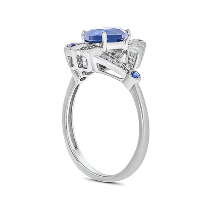 Oval Lab-Created Blue Sapphire and 0.07 CT. TW Diamond Art Deco Evil Eye Ring in Sterling Silver