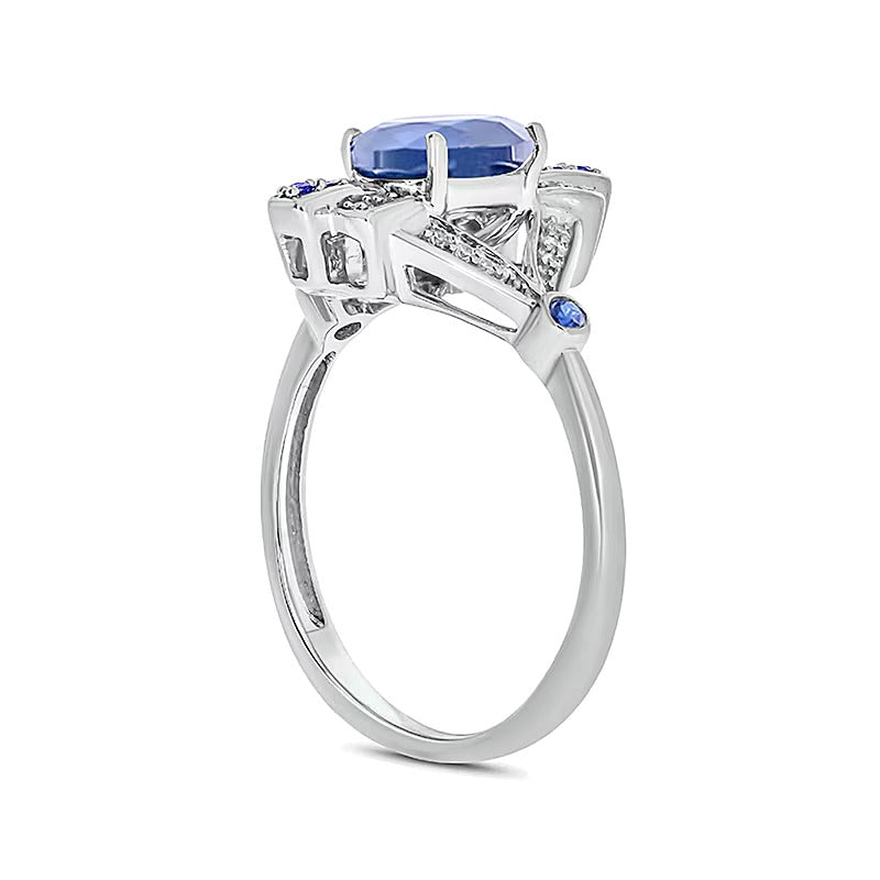 Oval Lab-Created Blue Sapphire and 0.07 CT. TW Diamond Art Deco Evil Eye Ring in Sterling Silver