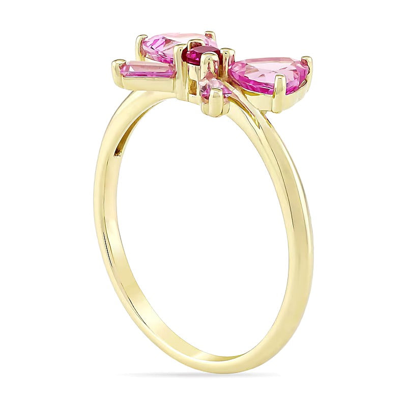 Heart-Shaped and Baguette-Cut Pink Lab-Created Sapphire and Lab-Created Ruby Bow Ring in 10K Gold