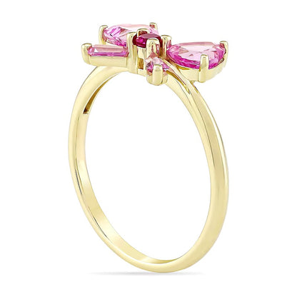 Heart-Shaped and Baguette-Cut Pink Lab-Created Sapphire and Lab-Created Ruby Bow Ring in 10K Gold