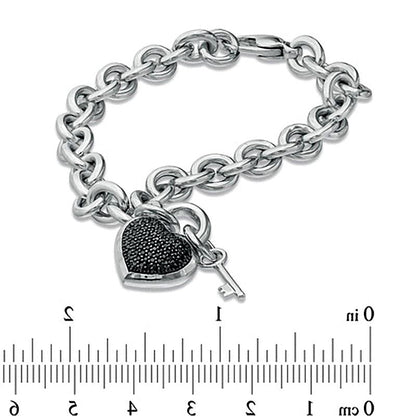 0.33 CT. TW Black Diamond Heart with Key Charm Bracelet in Sterling Silver - 7.5"