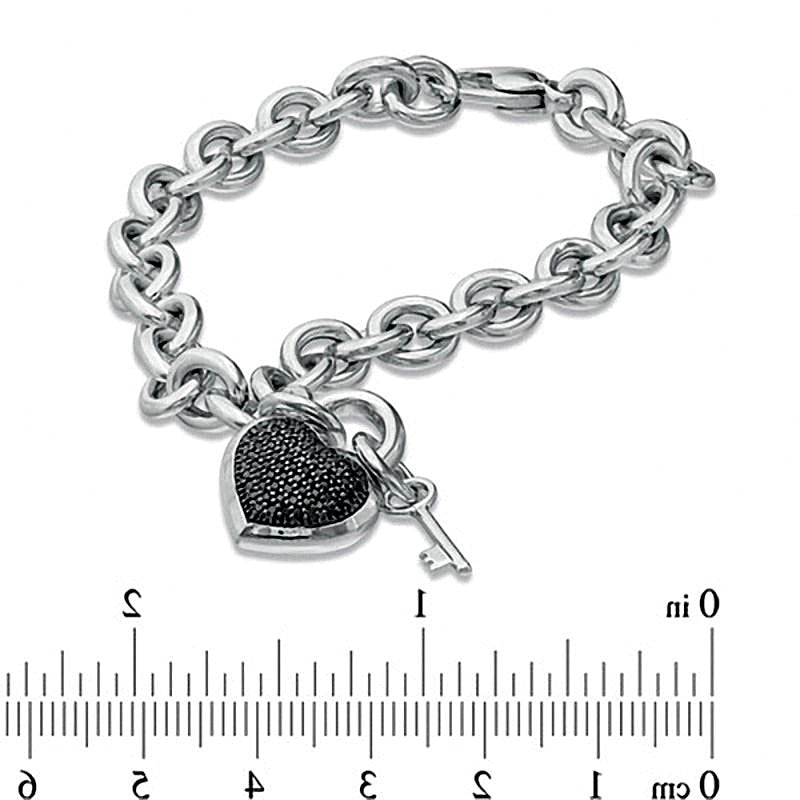0.33 CT. TW Black Diamond Heart with Key Charm Bracelet in Sterling Silver - 7.5"