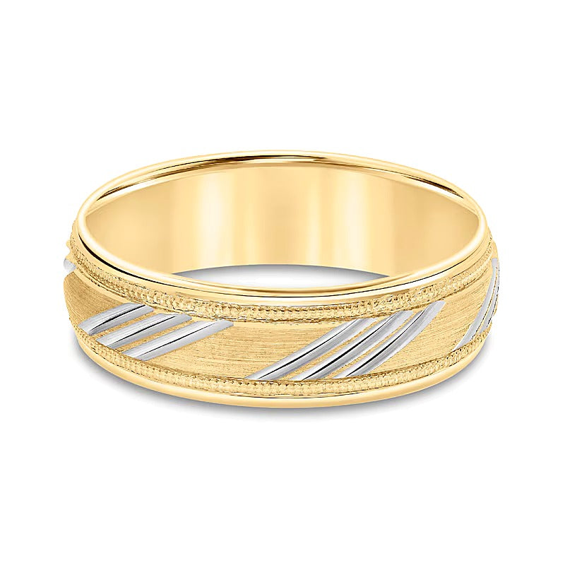 6.5mm Low Dome Diagonal Slant Carved Wedding Band in 10K Two-Tone Gold