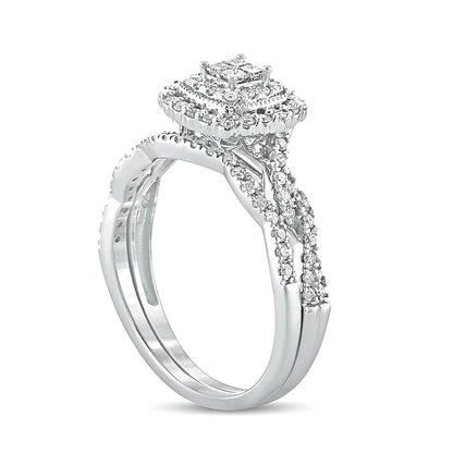 0.5 CT. TW Quad Princess-Cut Diamond Cushion Frame Twist Shank Bridal Set in 10K White Gold