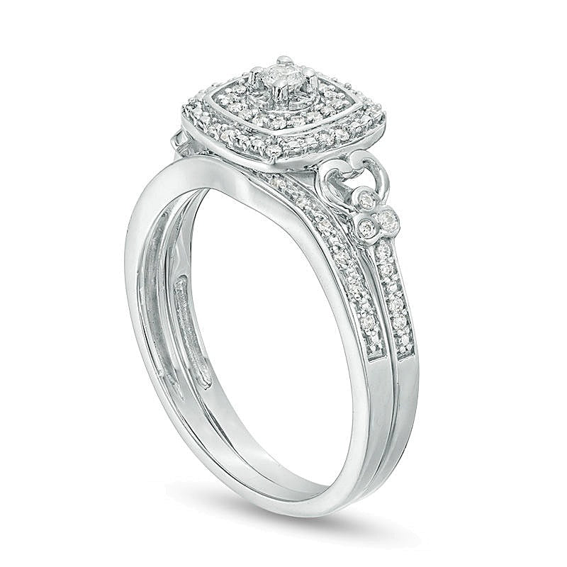 0.25 CT. TW Diamond Double Cushion Frame Filigree Bridal Set in Sterling Silver