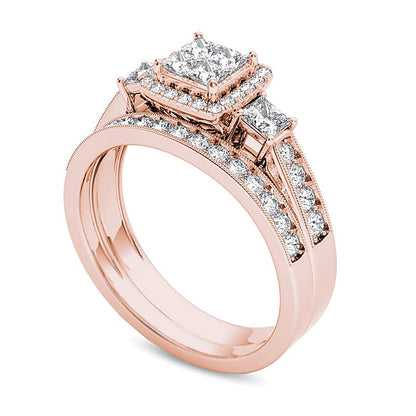 1.0 CT. TW Quad Princess-Cut Diamond Three Stone Frame Vintage-Style Bridal Set in 14K Rose Gold