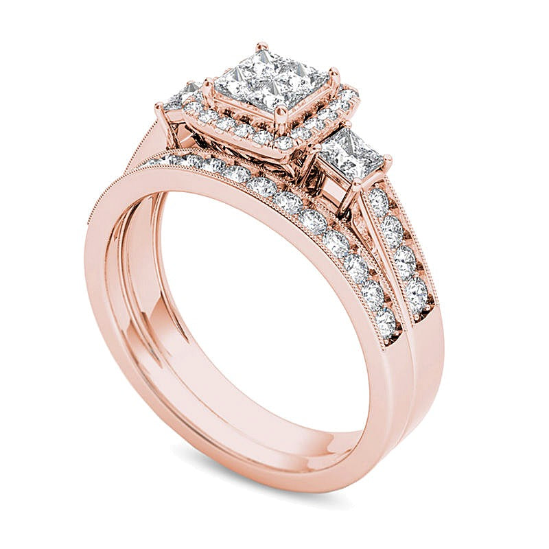 1.0 CT. TW Quad Princess-Cut Diamond Three Stone Frame Vintage-Style Bridal Set in 14K Rose Gold
