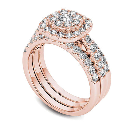 1.5 CT. TW Multi-Diamond Frame Three Piece Bridal Set in 14K Rose Gold