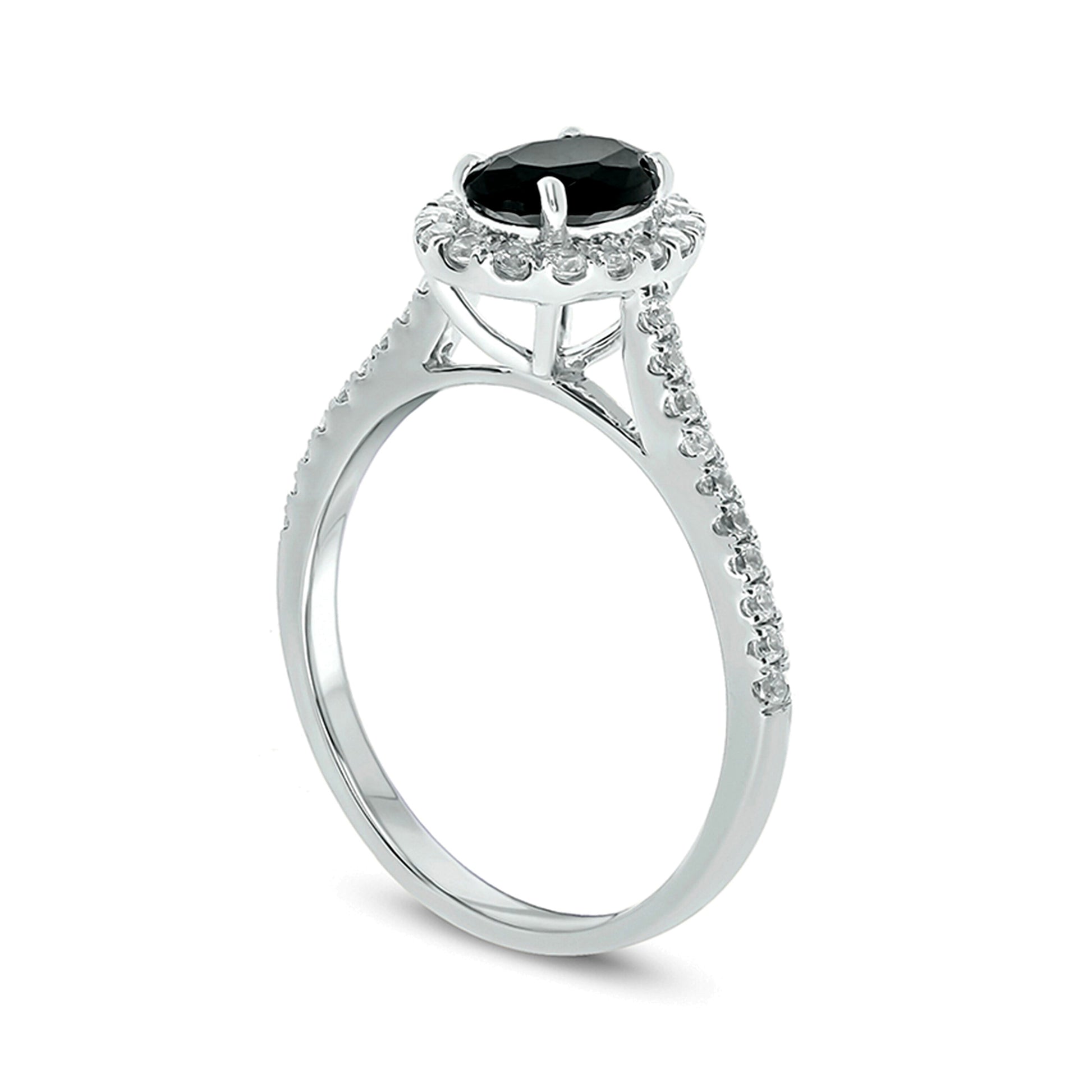 Oval Black Sapphire and 0.33 CT. TW Diamond Frame Engagement Ring in 10K White Gold