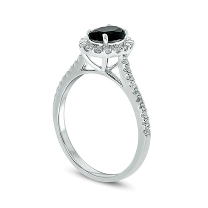 Oval Black Sapphire and 0.33 CT. TW Diamond Frame Engagement Ring in 10K White Gold