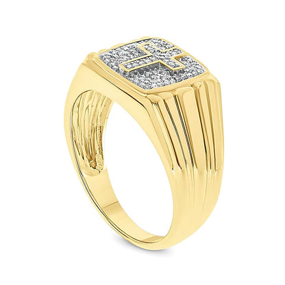0.17 CT. TW Composite Diamond Square Cross Ribbed Shank Ring in Sterling Silver with 14K Gold Plate