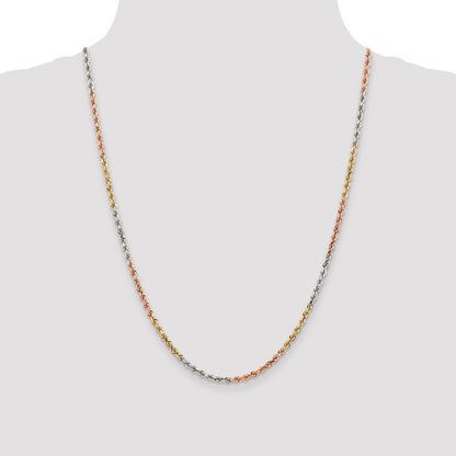 14k Tri-Color Tri-colored 24 inch 2.9mm Diamond-cut Rope with Lobster Clasp Chain Necklace