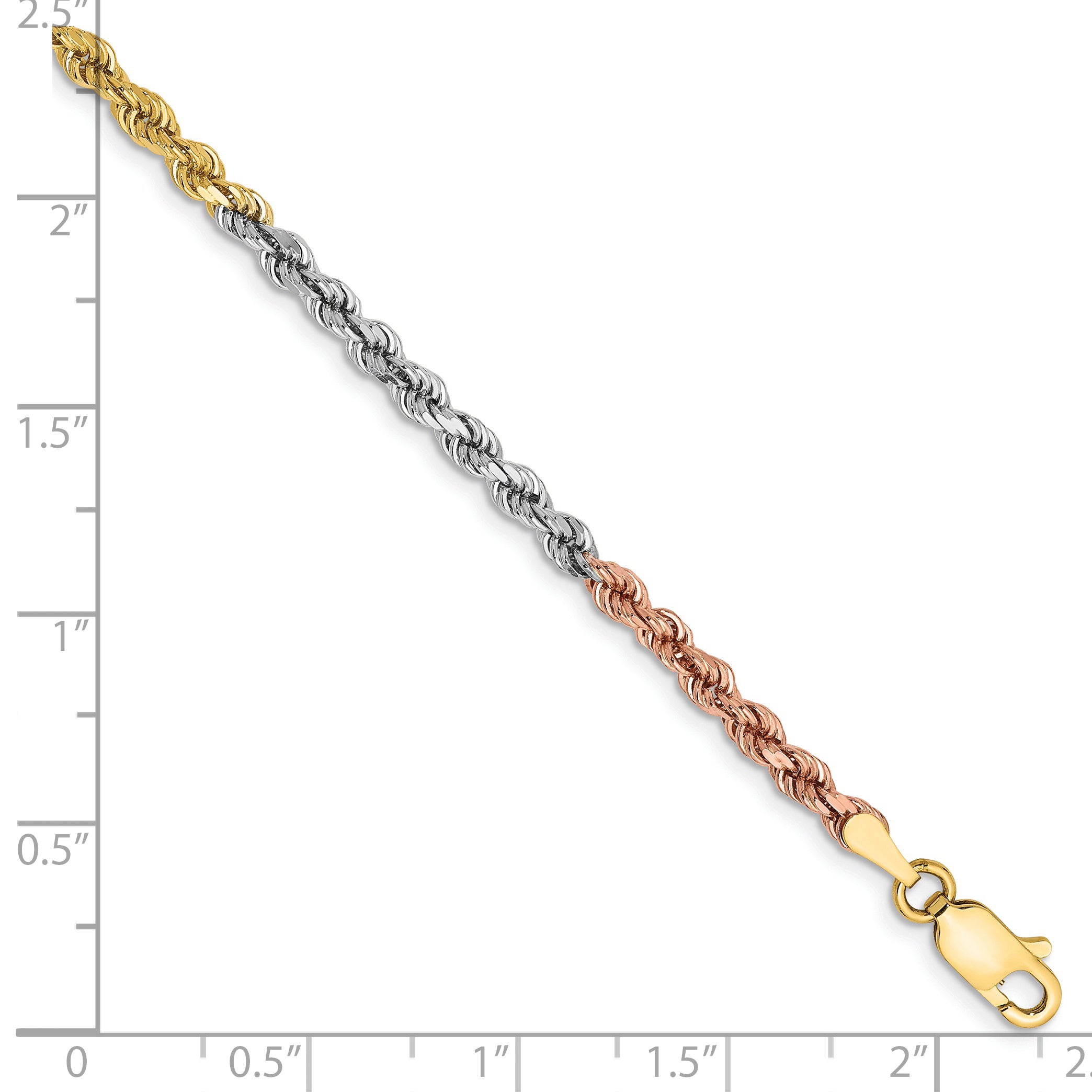 14k Tri-Color Tri-colored 7 inch 2.9mm Diamond-cut Rope with Lobster Clasp Chain