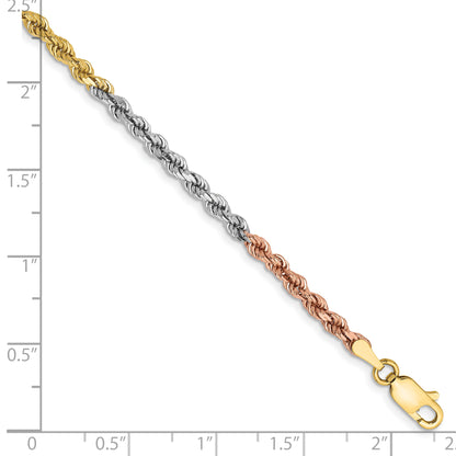 14k Tri-Color Tri-colored 7 inch 2.9mm Diamond-cut Rope with Lobster Clasp Chain