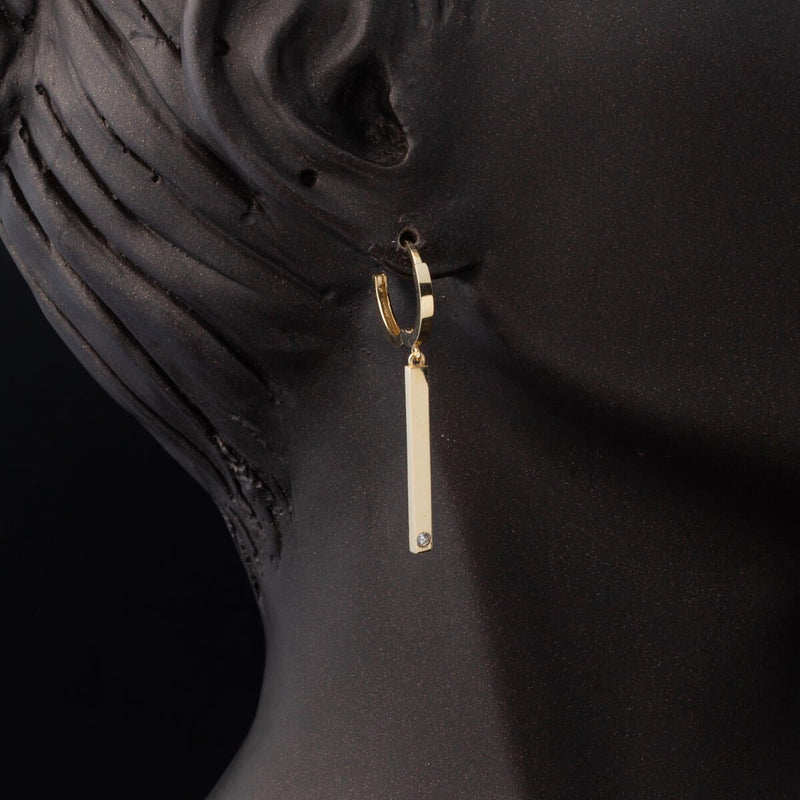 14K Yellow Gold Solitaire Bar Dangle Cubic Zirconia Earrings