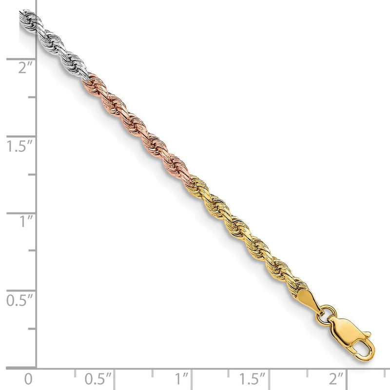14k Tri-Color Tri-colored 8 inch 3mm Diamond-cut Rope with Lobster Clasp Chain Bracelet