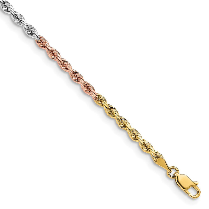 14k Tri-Color Tri-colored 8 inch 3mm Diamond-cut Rope with Lobster Clasp Chain Bracelet