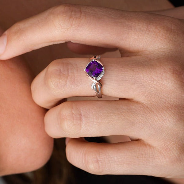 7.0mm Cushion-Cut Amethyst and 0.04 CT. T.W. Diamond Overlay Frame Ring in Sterling Silver and 10K Rose Gold