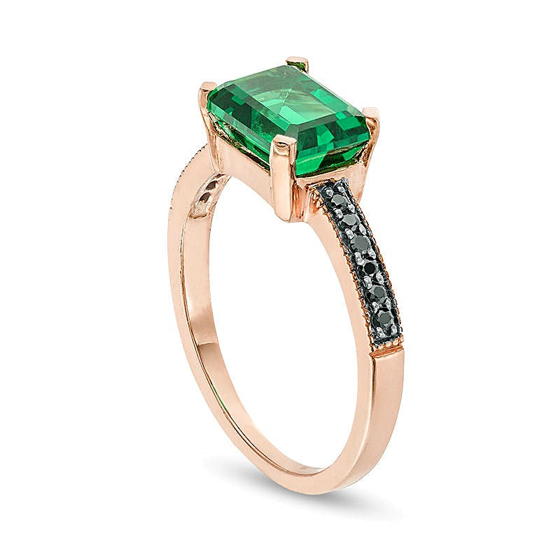 Emerald-Cut Lab-Created Emerald and 0.07 CT. TW Black Diamond Ring in 10K Rose Gold