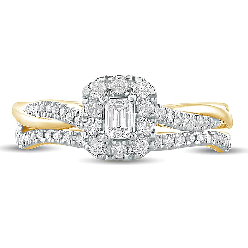 0.5 CT. TW Emerald-Cut Diamond Frame Twist Shank Bridal Set in 10K Gold