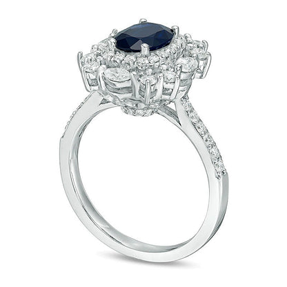 Oval Blue Sapphire and 1.0 CT. TW Diamond Cushion-Shape Starburst Frame Vintage-Style Ring in 14K White Gold