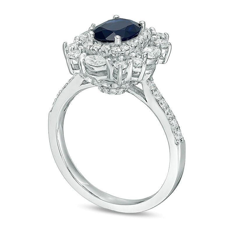 Oval Blue Sapphire and 1.0 CT. TW Diamond Cushion-Shape Starburst Frame Vintage-Style Ring in 14K White Gold