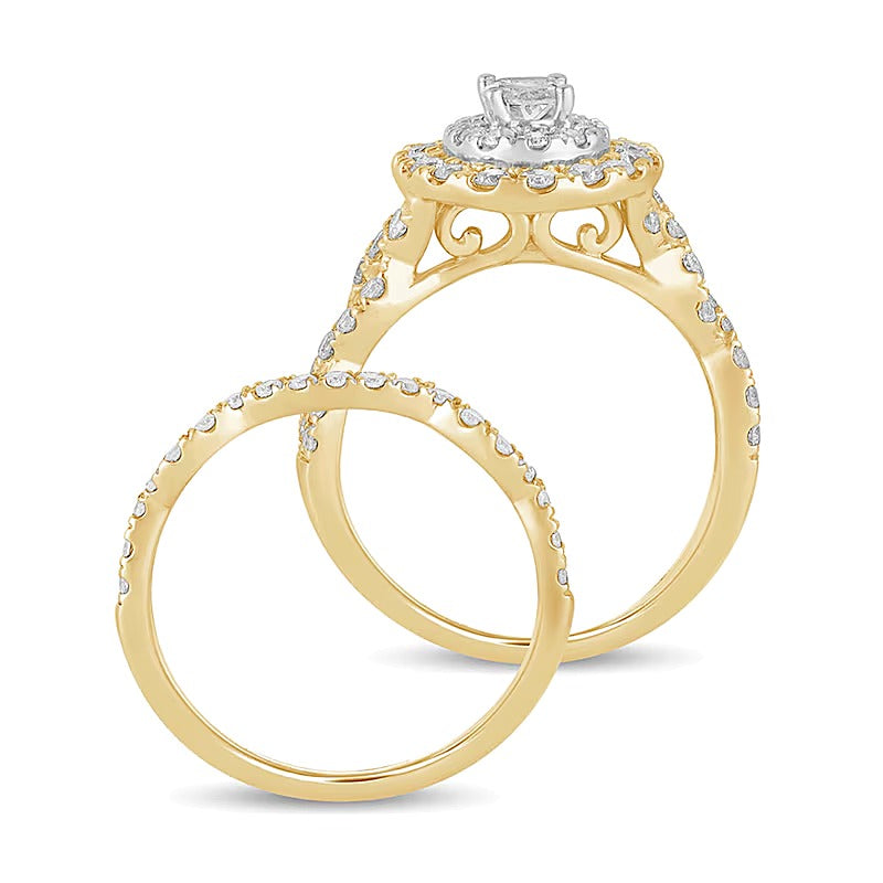 1.5 CT. TW Oval Diamond Double Frame Multi-Row Bridal Set in 10K Gold