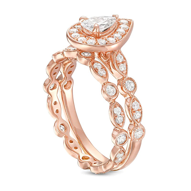 1.0 CT. TW Pear-Shaped Diamond Frame Vintage-Style Art Deco Shank Bridal Set in 14K Rose Gold